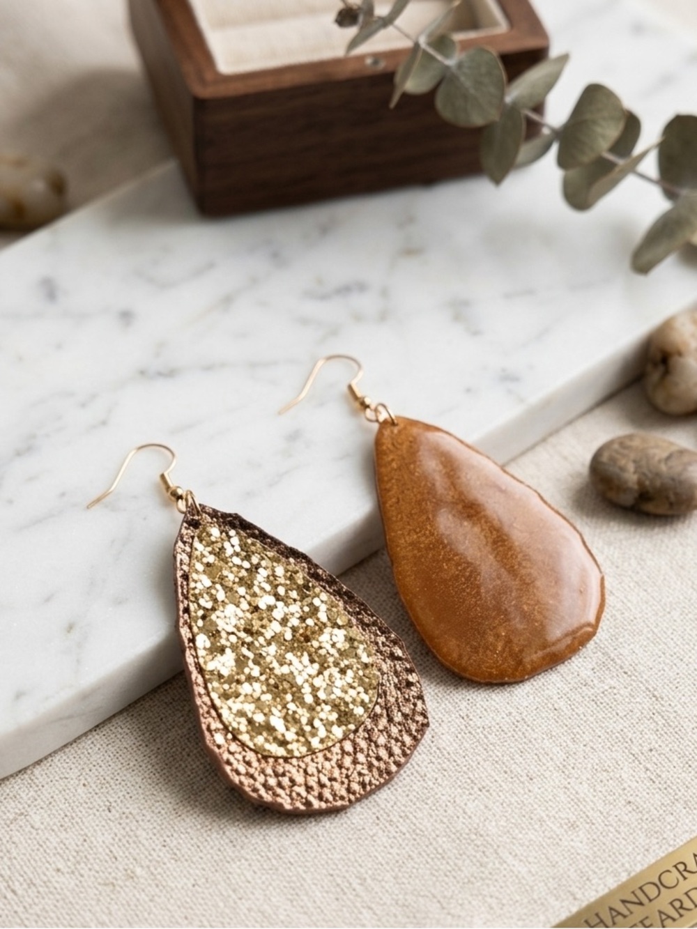 Handmade Gold Glitter Resin Teardrop Earrings | Glossy Statement Dangles